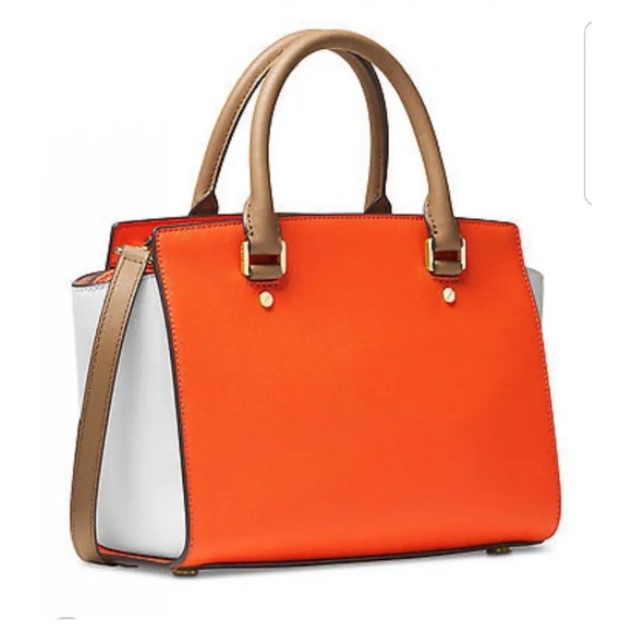 Michael Kors Leather Crossbody Bag With Handles Top Zipper Closure Orange White - Picture 2 of 16